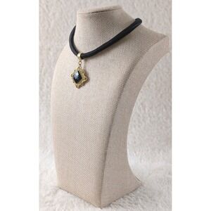 Black Satin Rope Choker Necklace Gold Tone Filigree Black Glass Pendant